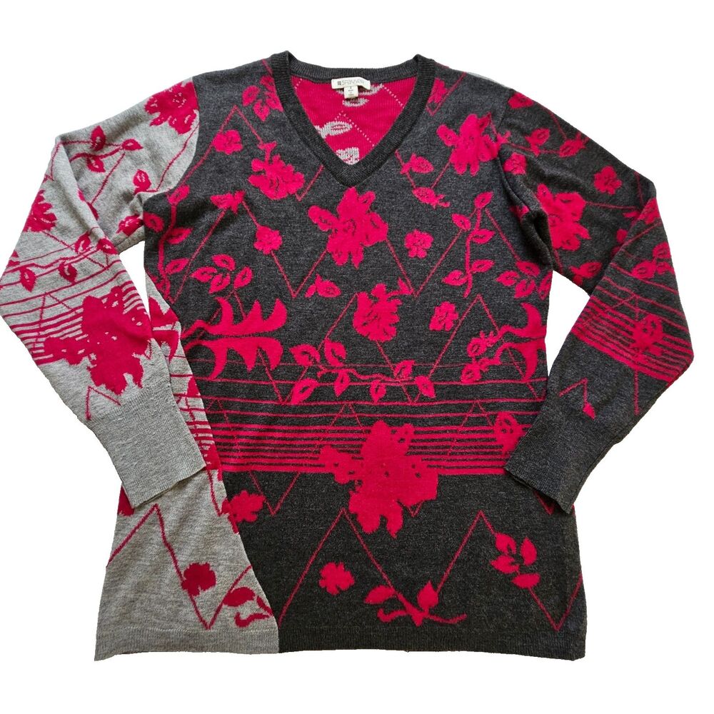 Spanner Sweater Womens Small Gray Pink Floral Pullover V-Neck Artsy Boutique